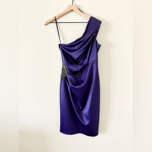 Eliza J One Shoulder Satin Dress with Beaded Detail in Purple - Size 6 - Picture 2 of 7